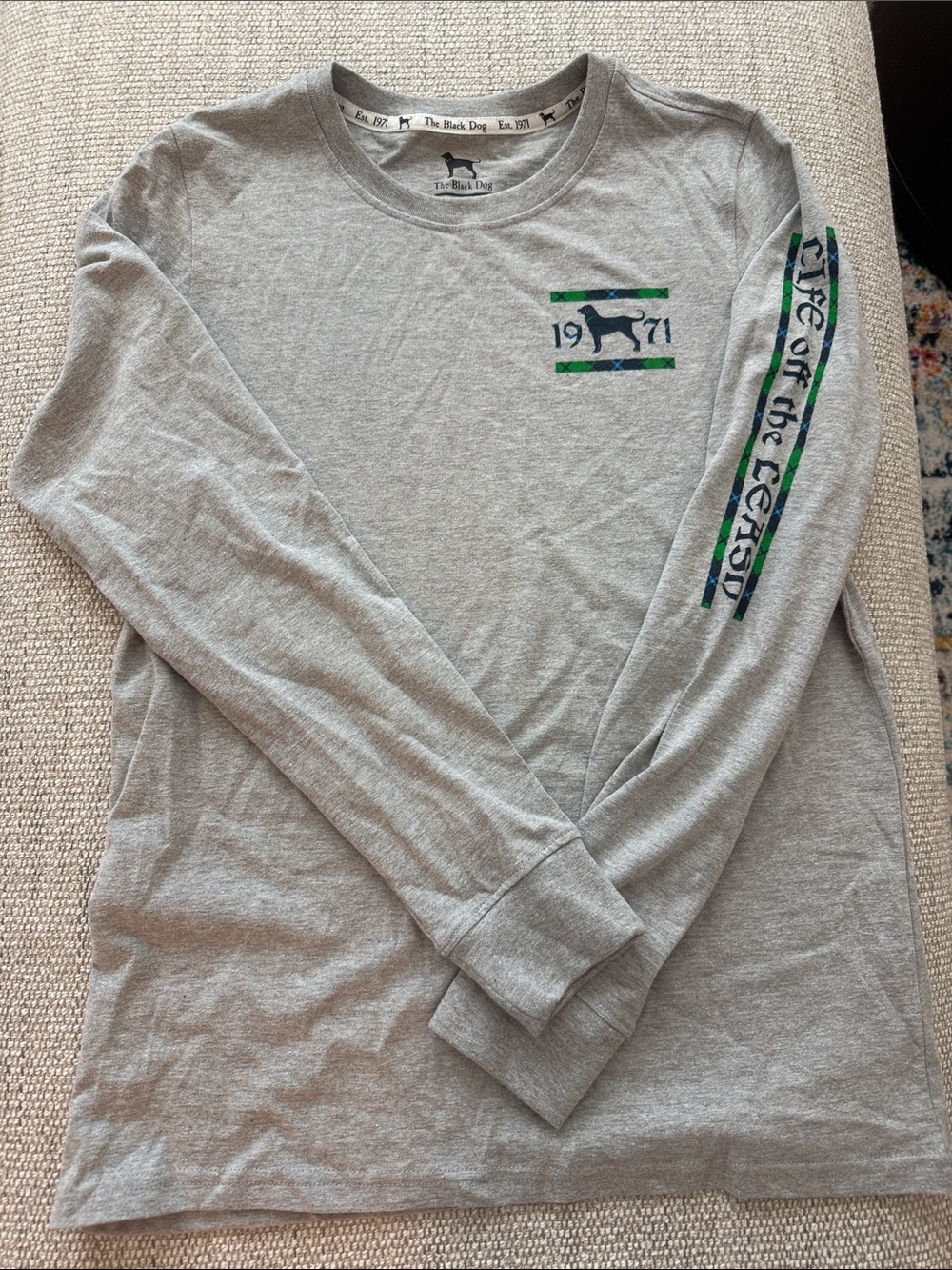 The Black Dog Long-Sleeve Crew Tee — Gray with Green & Navy Accents